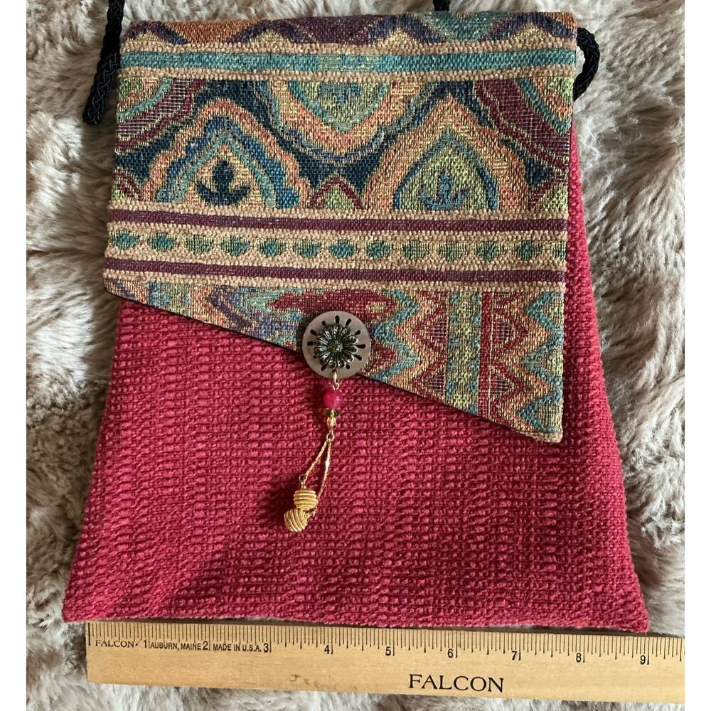 Boho Chic Handmade Tapestry Clutch Purse With Embellished Button Accent - Picture 7 of 8